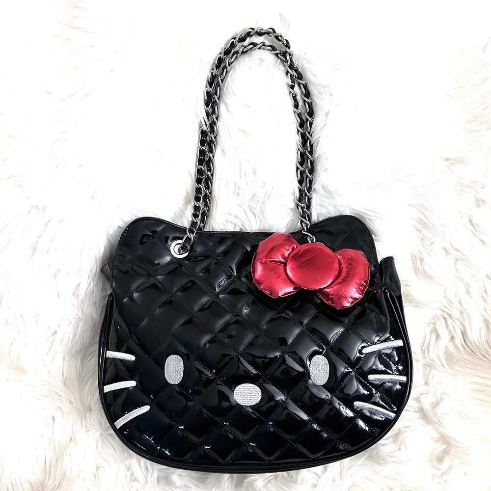 HELLO KITTY X LOUNGEFLY Large Black Patent Bag Purse with Red Bow Accent